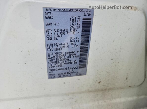 5N1DR2MM0HC634222 2017 NISSAN PATHFINDER White Widok naklejki z numerem VIN
