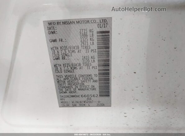 5N1DR2MM0HC660562 2017 NISSAN PATHFINDER White Շարժիչի բաժամունքի տեսք