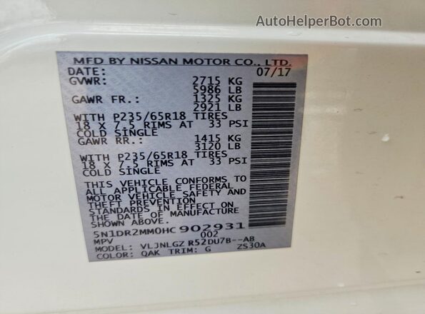 5N1DR2MM0HC902931 2017 NISSAN PATHFINDER White Vista interior de 360 grados