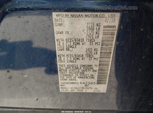 5N1DR2MM0JC642505 2018 NISSAN PATHFINDER Blue 