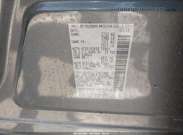 5N1DR2MM0JC643458 2018 NISSAN PATHFINDER Gray Vista del compartimento del motor