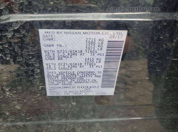 5N1DR2MM1JC609402 2018 NISSAN PATHFINDER Black VIN კოდის სტიკერის ხედი