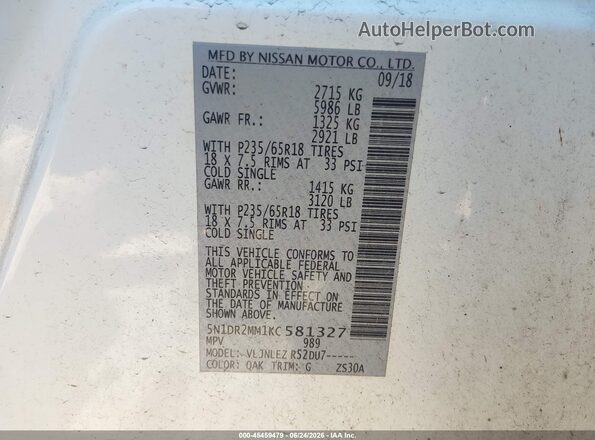 5N1DR2MM1KC581327 2019 NISSAN PATHFINDER White Vista del compartimento del motor