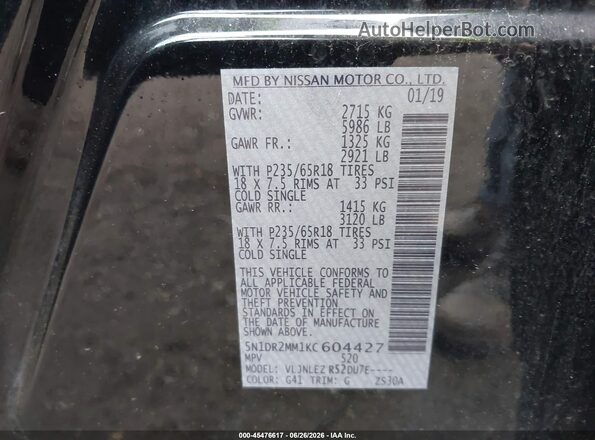 5N1DR2MM1KC604427 2019 NISSAN PATHFINDER Черный Вид подкапотного пространства