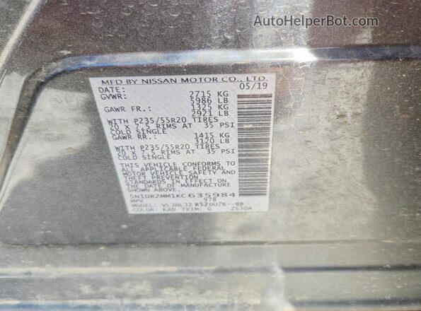 5N1DR2MM1KC635984 2019 NISSAN PATHFINDER Gray Vista de la etiqueta del VIN