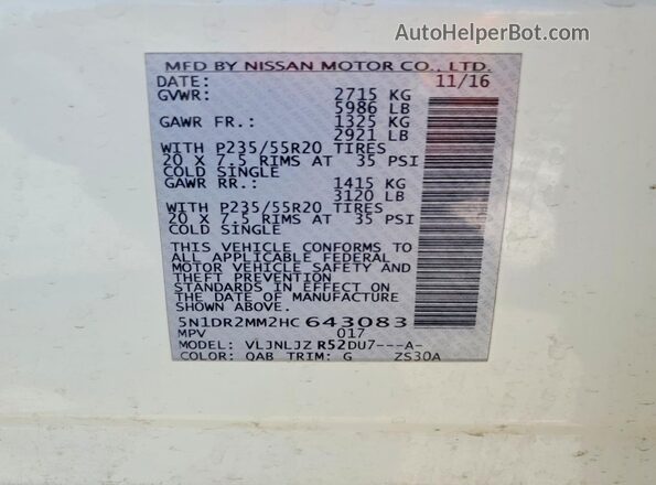 5N1DR2MM2HC643083 2017 NISSAN PATHFINDER White VIN sticker view