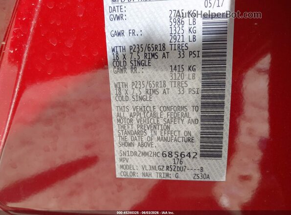 5N1DR2MM2HC685642 2017 NISSAN PATHFINDER Burgundy Widok komory silnika