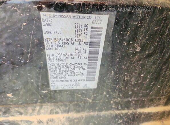 5N1DR2MM2HC903479 2017 NISSAN PATHFINDER Gray VIN կոդի պիտակի տեսք