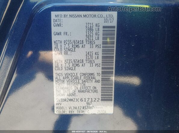 5N1DR2MM2JC617122 2018 NISSAN PATHFINDER Blue Vista del compartimento del motor