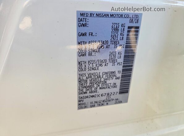 5N1DR2MM2JC678227 2018 NISSAN PATHFINDER White VIN კოდის სტიკერის ხედი
