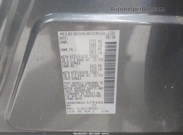 5N1DR2MM2KC579344 2019 NISSAN PATHFINDER Gray ძრავის განყოფილების ხედი