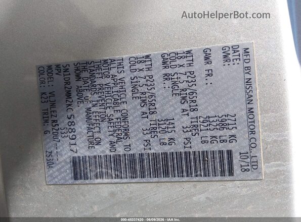 5N1DR2MM2KC588917 2019 NISSAN PATHFINDER Silver Вид підкапотного простору