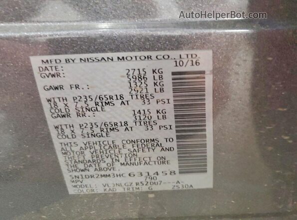 5N1DR2MM3HC631458 2017 NISSAN PATHFINDER Charcoal VIN կոդի պիտակի տեսք