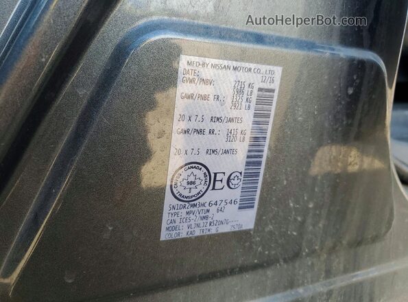5N1DR2MM3HC647546 2017 NISSAN PATHFINDER Gray Vista interior de 360 grados
