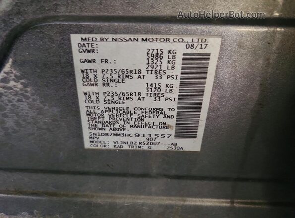 5N1DR2MM3HC911557 2017 NISSAN PATHFINDER Gray Widok naklejki z numerem VIN