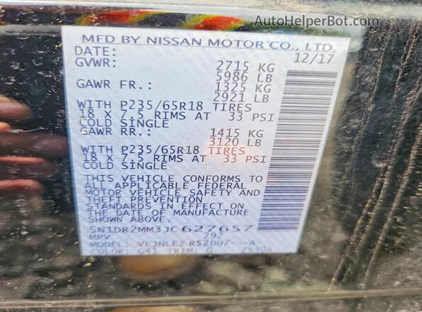 5N1DR2MM3JC627657 2018 NISSAN PATHFINDER Black Widok naklejki z numerem VIN