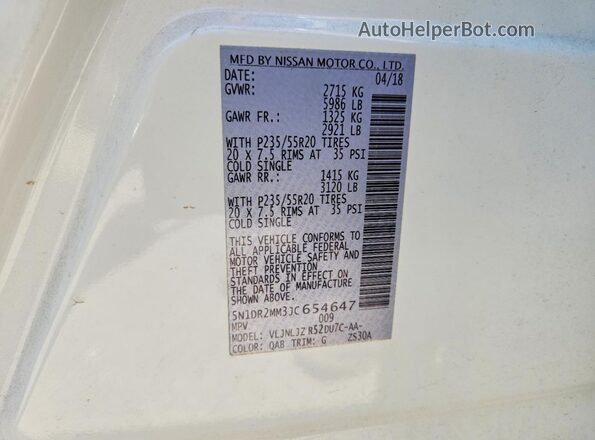 5N1DR2MM3JC654647 2018 NISSAN PATHFINDER White 