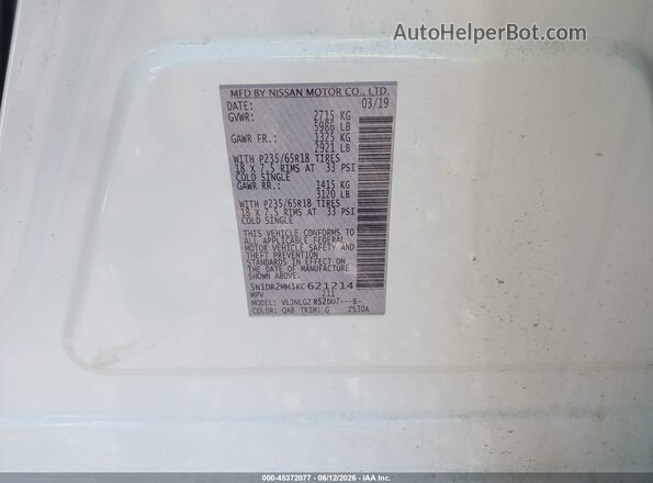 5N1DR2MM3KC621214 2019 NISSAN PATHFINDER White 