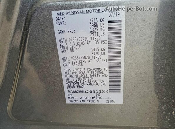 5N1DR2MM3KC651183 2019 NISSAN PATHFINDER Gray VIN კოდის სტიკერის ხედი