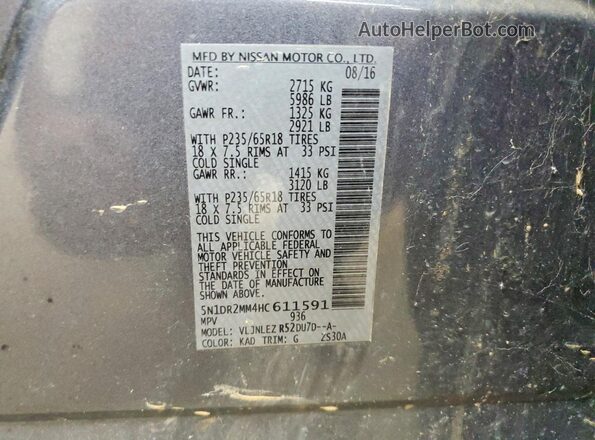 5N1DR2MM4HC611591 2017 NISSAN PATHFINDER Серый Вид наклейки с VIN-кодом