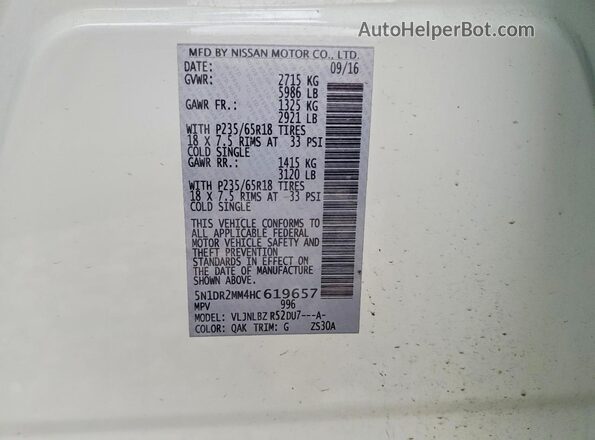 5N1DR2MM4HC619657 2017 NISSAN PATHFINDER Белый 
