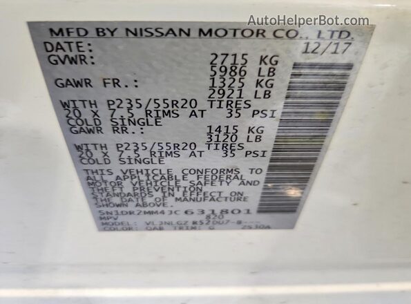 5N1DR2MM4JC631801 2018 NISSAN PATHFINDER White 