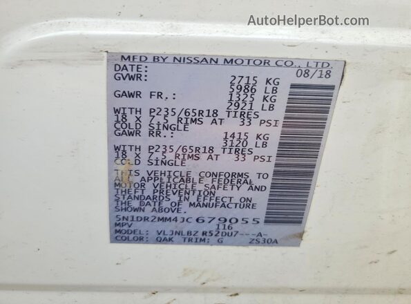 5N1DR2MM4JC679055 2018 NISSAN PATHFINDER White 