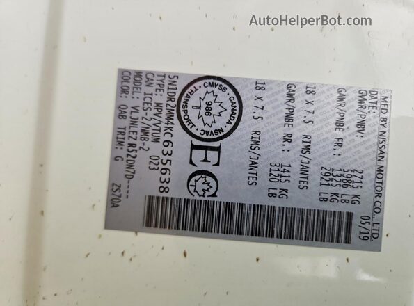 5N1DR2MM4KC635638 2019 NISSAN PATHFINDER White Widok naklejki z numerem VIN