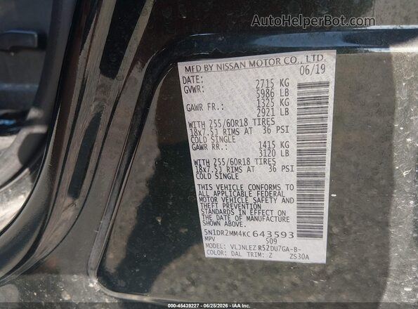 5N1DR2MM4KC643593 2019 NISSAN PATHFINDER Black Engine compartment view