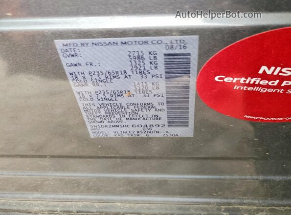 5N1DR2MM5HC604892 2017 NISSAN PATHFINDER Gray Vista de la etiqueta del VIN