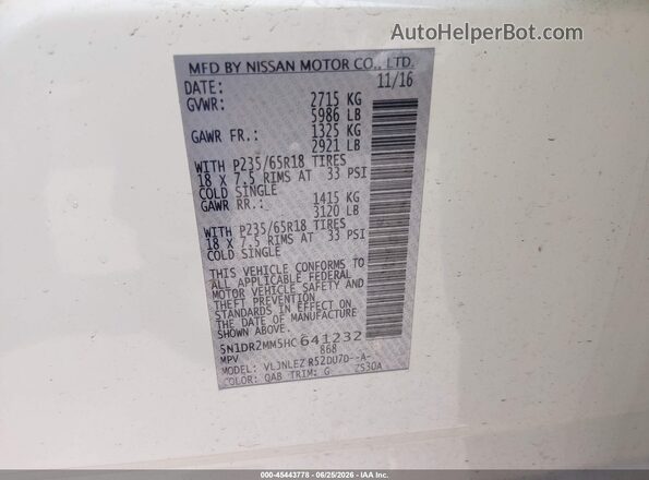 5N1DR2MM5HC641232 2017 NISSAN PATHFINDER White Engine compartment view