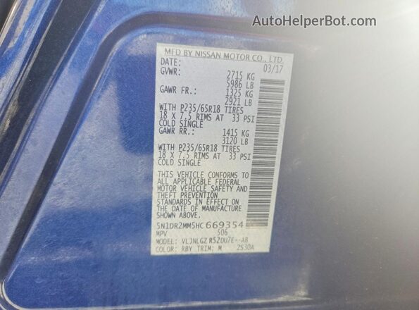 5N1DR2MM5HC669354 2017 NISSAN PATHFINDER Blue VIN კოდის სტიკერის ხედი