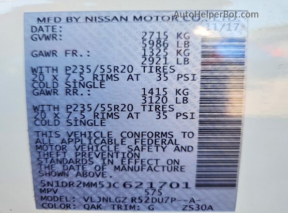 5N1DR2MM5JC621701 2018 NISSAN PATHFINDER White 