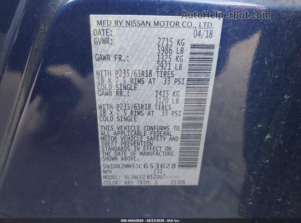 5N1DR2MM5JC653628 2018 NISSAN PATHFINDER Blue Вид підкапотного простору