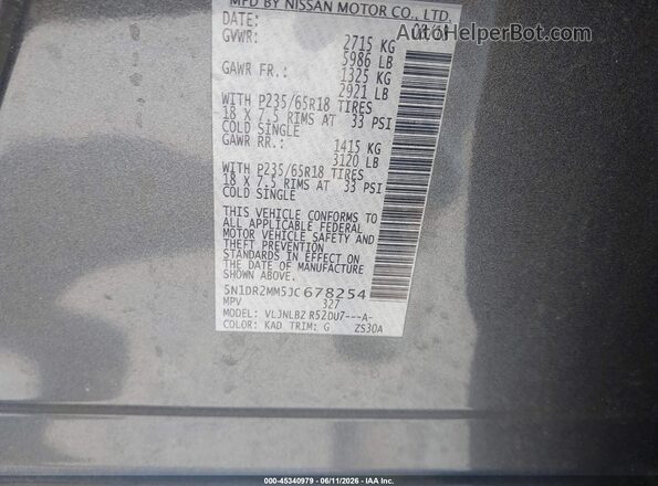 5N1DR2MM5JC678254 2018 NISSAN PATHFINDER Gray Vista del compartimento del motor