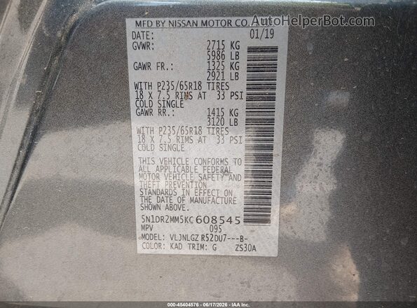 5N1DR2MM5KC608545 2019 NISSAN PATHFINDER Gray Widok komory silnika
