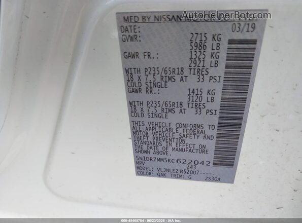 5N1DR2MM5KC622042 2019 NISSAN PATHFINDER White Engine compartment view
