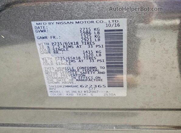 5N1DR2MM6HC622365 2017 NISSAN PATHFINDER Gray Вид наклейки з VIN-кодом