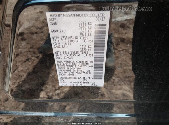 5N1DR2MM6HC698796 2017 NISSAN PATHFINDER Black Շարժիչի բաժամունքի տեսք