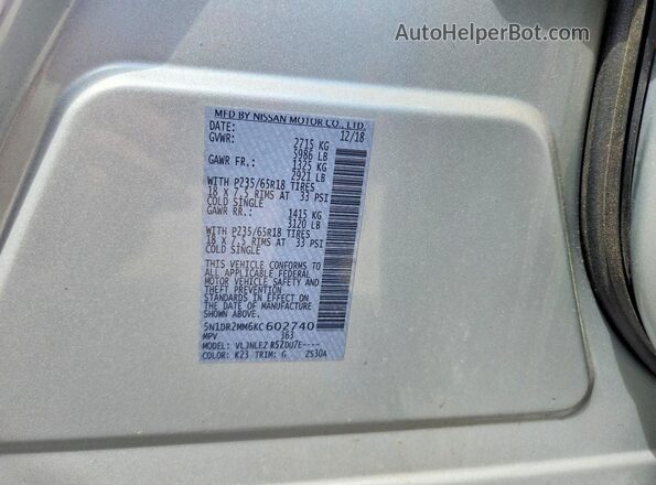 5N1DR2MM6KC602740 2019 NISSAN PATHFINDER Silver 