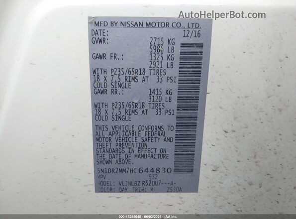 5N1DR2MM7HC644830 2017 NISSAN PATHFINDER White Engine compartment view
