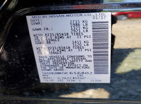 5N1DR2MM7HC656802 2017 NISSAN PATHFINDER Black Вид наклейки з VIN-кодом
