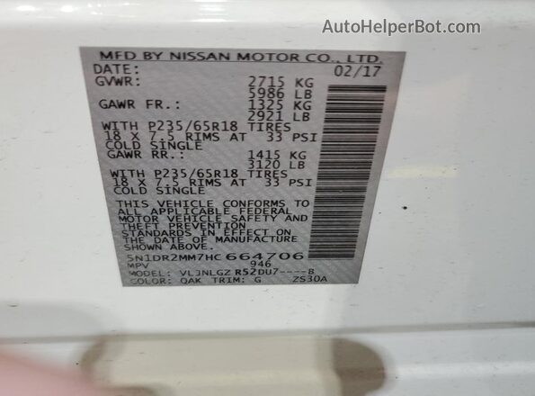 5N1DR2MM7HC664706 2017 NISSAN PATHFINDER White VIN կոդի պիտակի տեսք