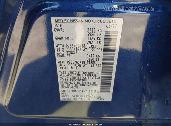 5N1DR2MM7HC673681 2017 NISSAN PATHFINDER Blue Engine compartment view