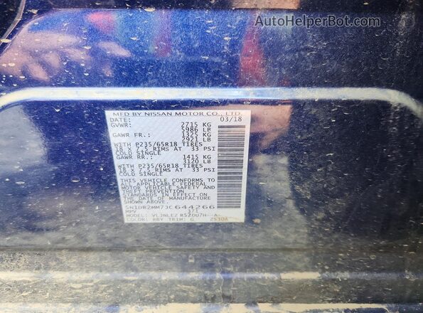5N1DR2MM7JC644266 2018 NISSAN PATHFINDER Blue Vista de la etiqueta del VIN