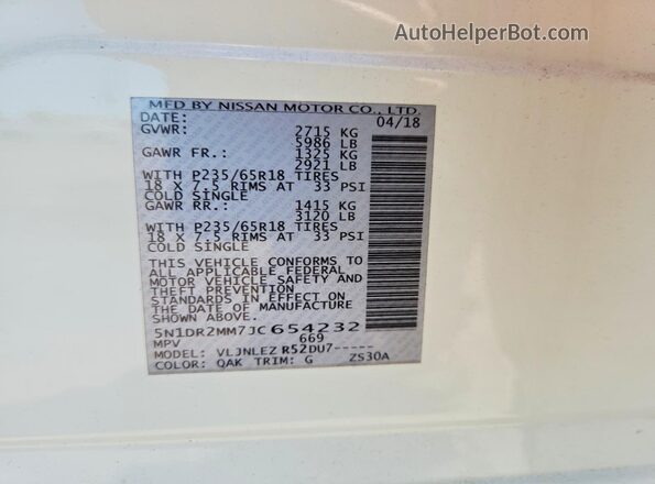5N1DR2MM7JC654232 2018 NISSAN PATHFINDER White VIN sticker view
