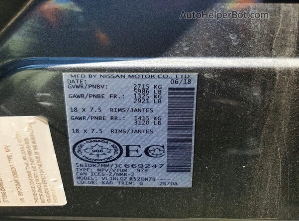 5N1DR2MM7JC669247 2018 NISSAN PATHFINDER Gray Vista de la etiqueta del VIN
