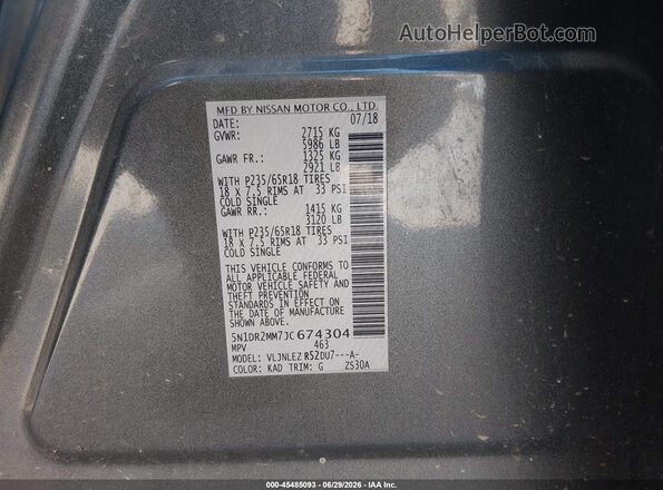 5N1DR2MM7JC674304 2018 NISSAN PATHFINDER Gray Widok komory silnika