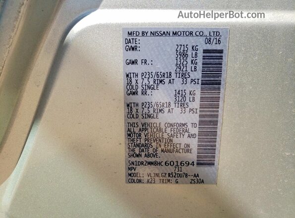 5N1DR2MM8HC601694 2017 NISSAN PATHFINDER Silver 