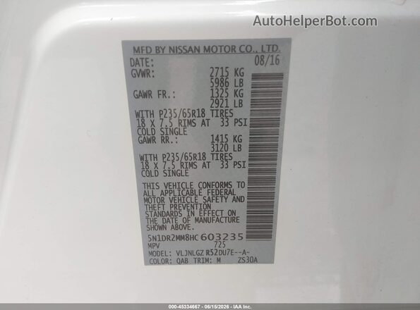 5N1DR2MM8HC603235 2017 NISSAN PATHFINDER Белый Вид подкапотного пространства